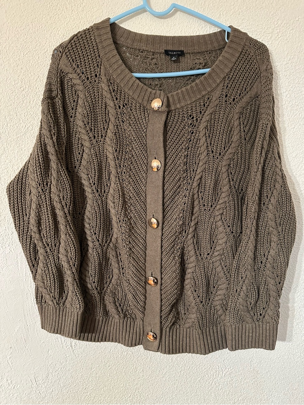 Talbots Cable Knit Crewneck Cardigan Women Olive 100% Cotton Gold Buttons Size M